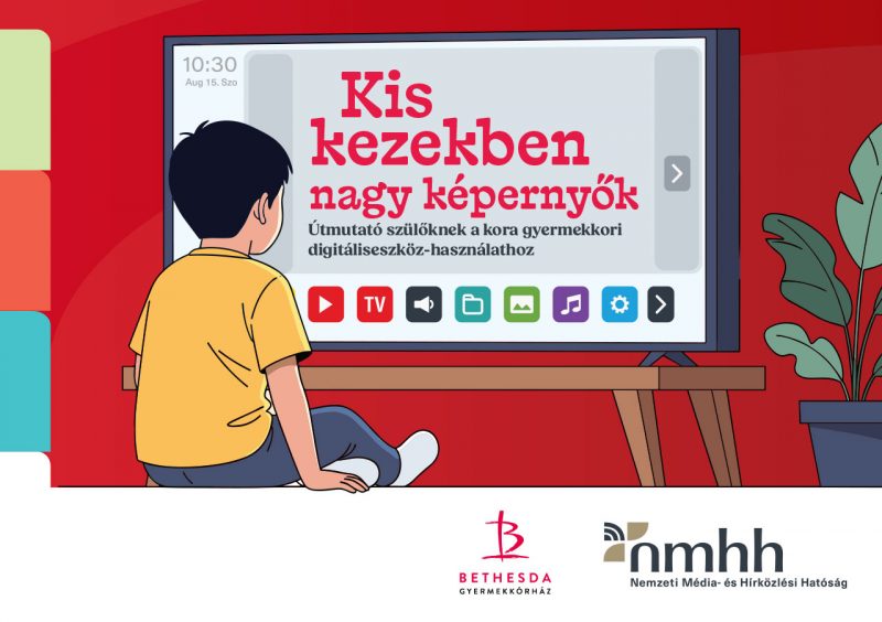 gyermek ül a képernyő előtt felirat kis kezekben nagy képernyők